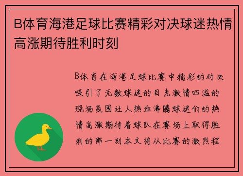 B体育海港足球比赛精彩对决球迷热情高涨期待胜利时刻
